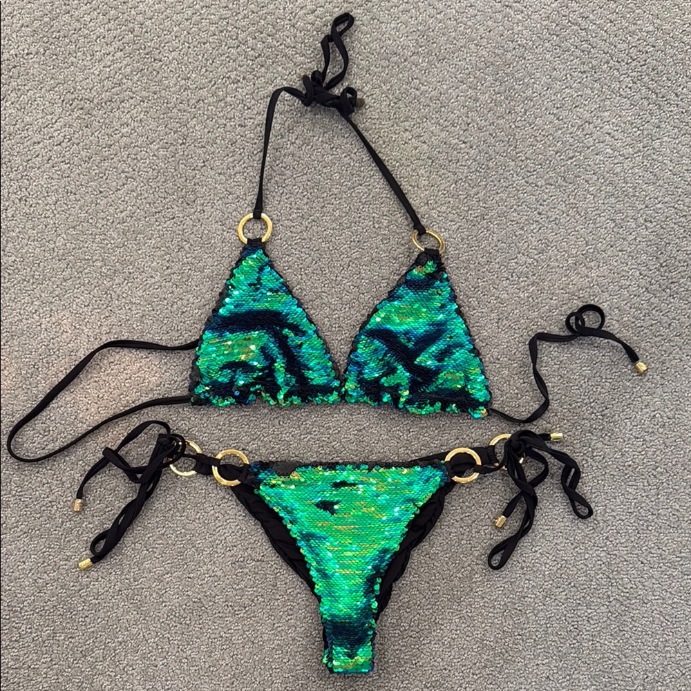 Beach Bunny Green and Black Sequin Bikini